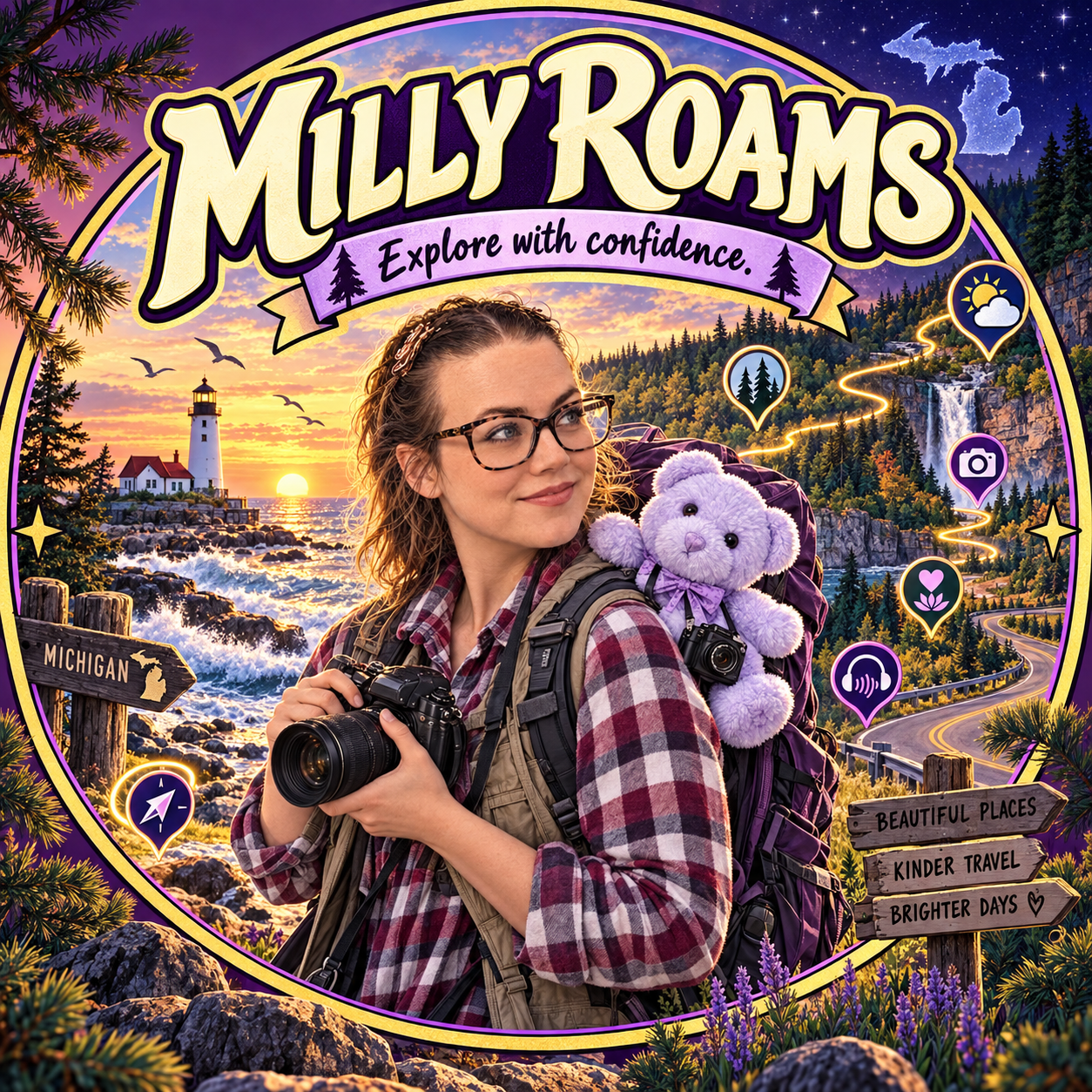 Milly Roams adventure artwork featuring Dawnna and Milly exploring Michigan with photography, navigation, weather, and sensory-friendly travel symbols.